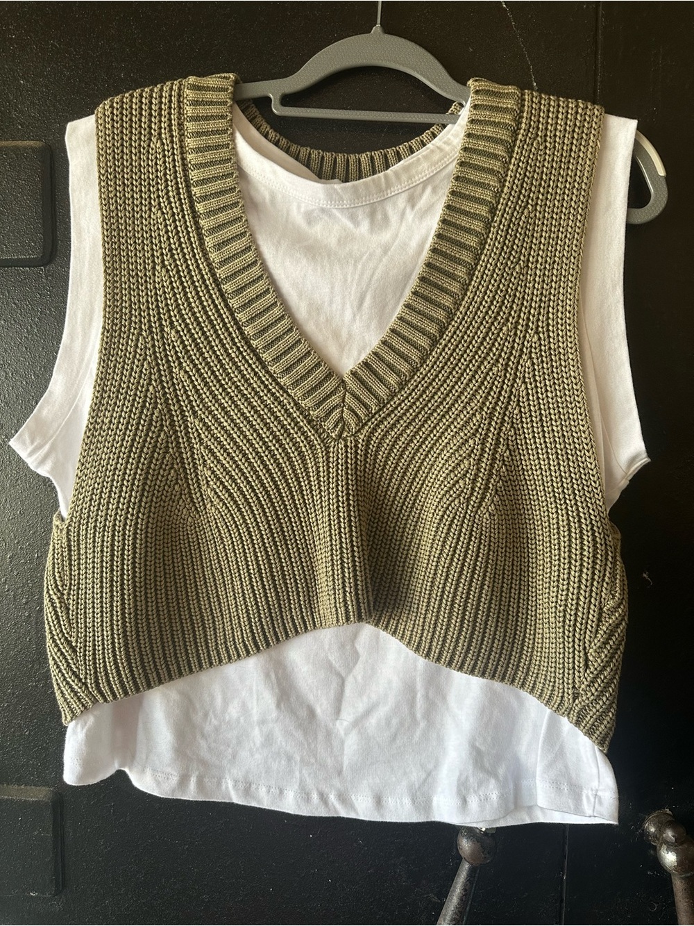 Pilcro Olive Green Knit V-Neck Crop Sweater Vest